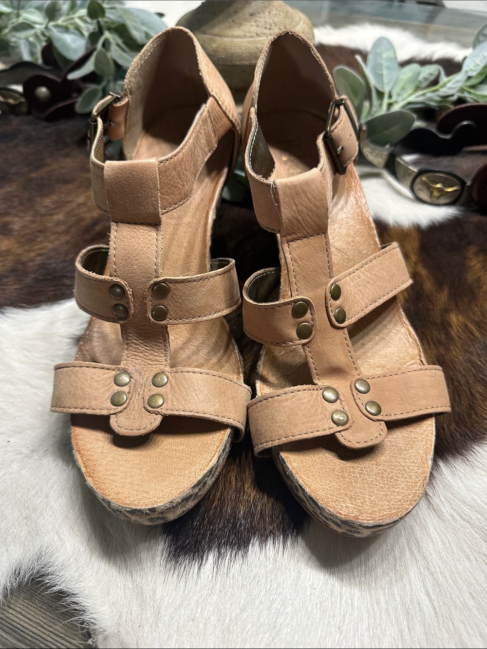 Reba Tan Strappy Wedge Sandals with Stud Accents animal pattern